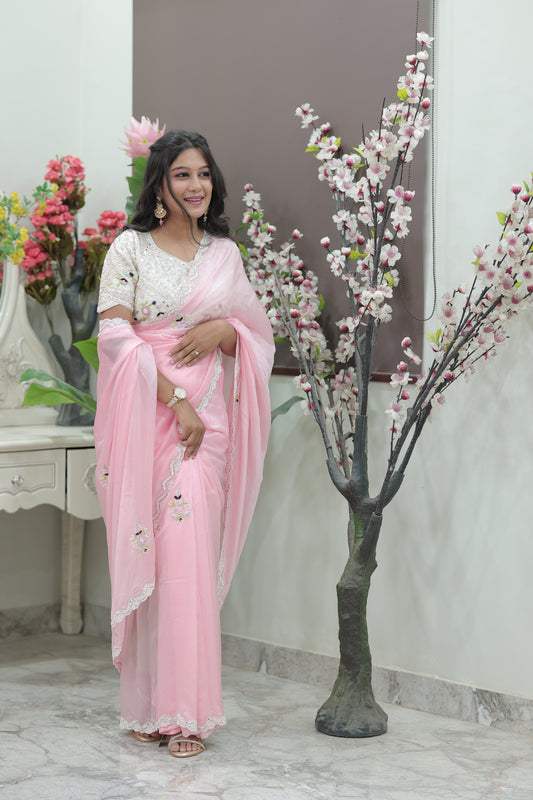 Blush Pink Satin Saree with Scalloped Sequin Border & Heavily Embellished Blouse