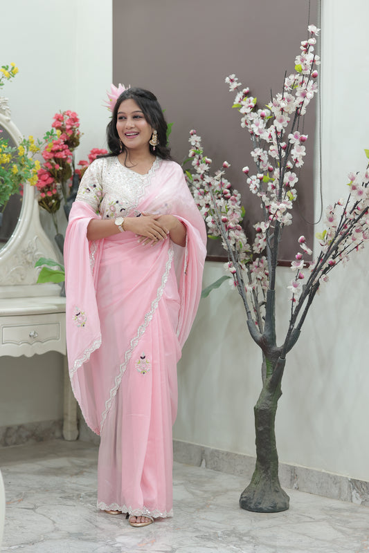 Blush Pink Satin Saree with Scalloped Sequin Border & Heavily Embellished Blouse
