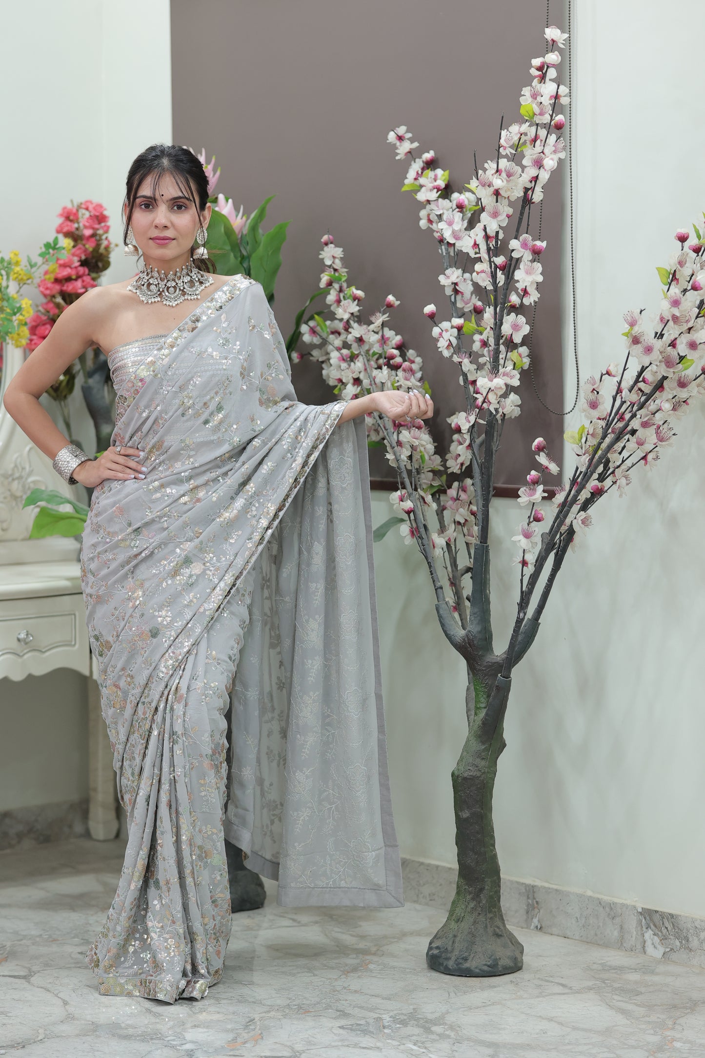 Moonlight Bloom Sequin Embroidered Saree with Sequin Blouse