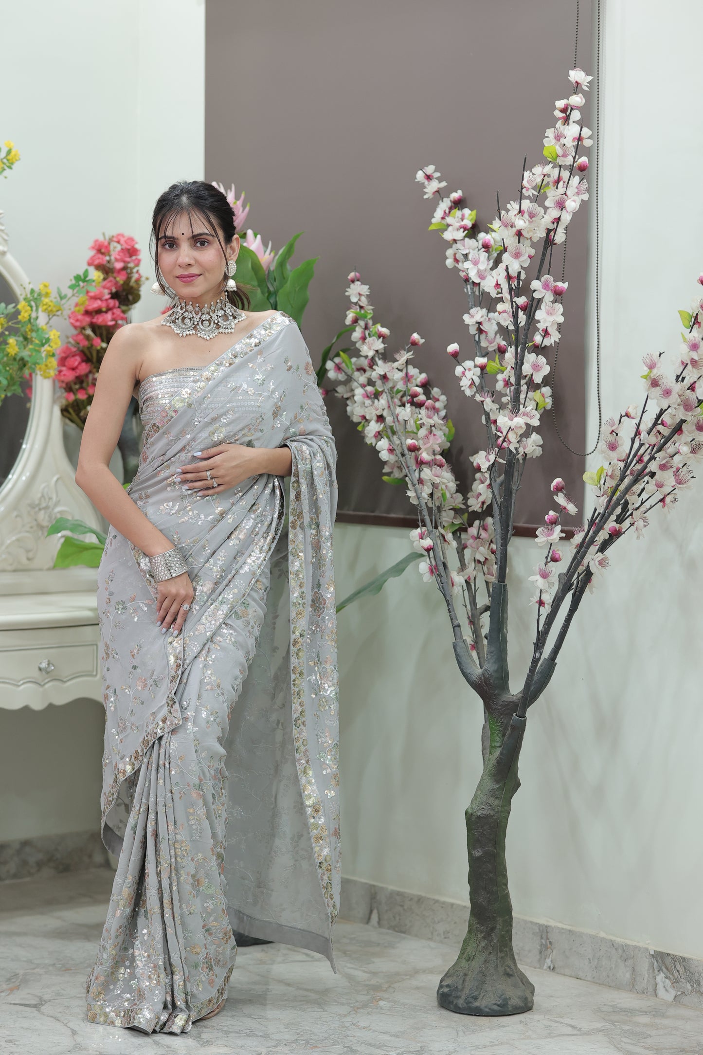 Moonlight Bloom Sequin Embroidered Saree with Sequin Blouse