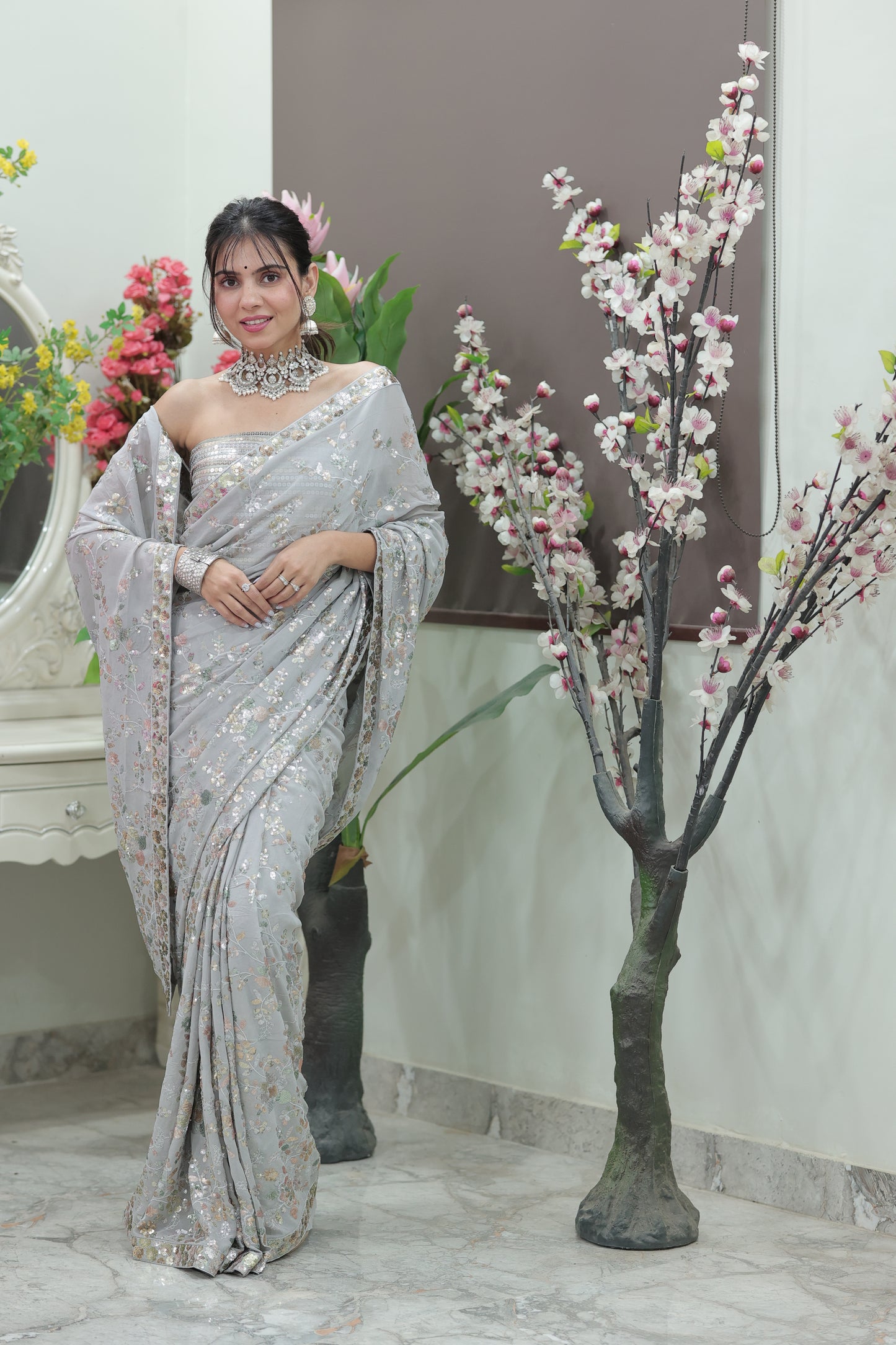 Moonlight Bloom Sequin Embroidered Saree with Sequin Blouse
