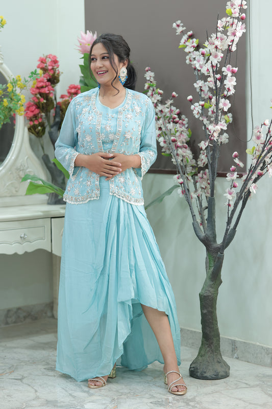 Ice Blue Cape Drape Set with Sequin Floral Accents