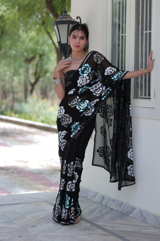 Midnight Bloom Sequin Saree with Sequin Blouse