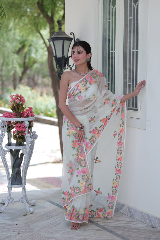 Floral Bliss Organza Saree with Multicolor Thread Embroidery