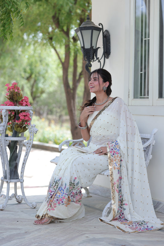 Ivory Bloom Net Saree with Multicolor Floral Embroidery & Sequin Work
