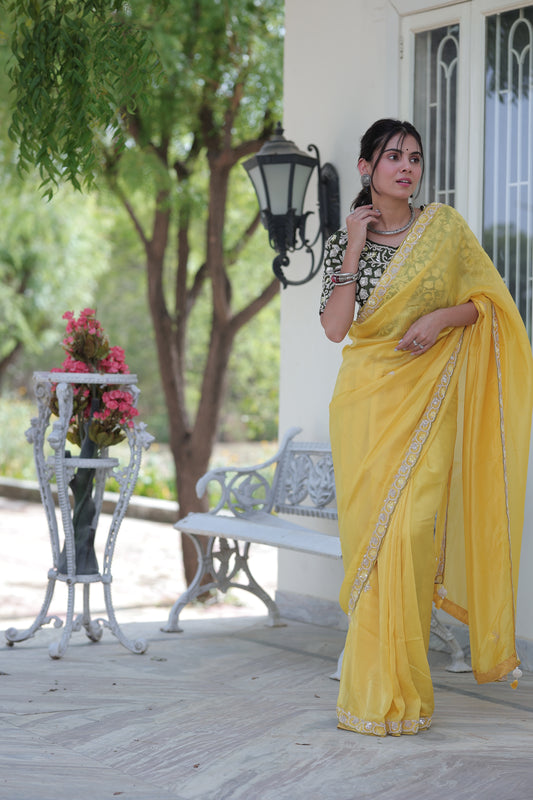 Sunlit Charm Yellow Saree with Green Blouse
