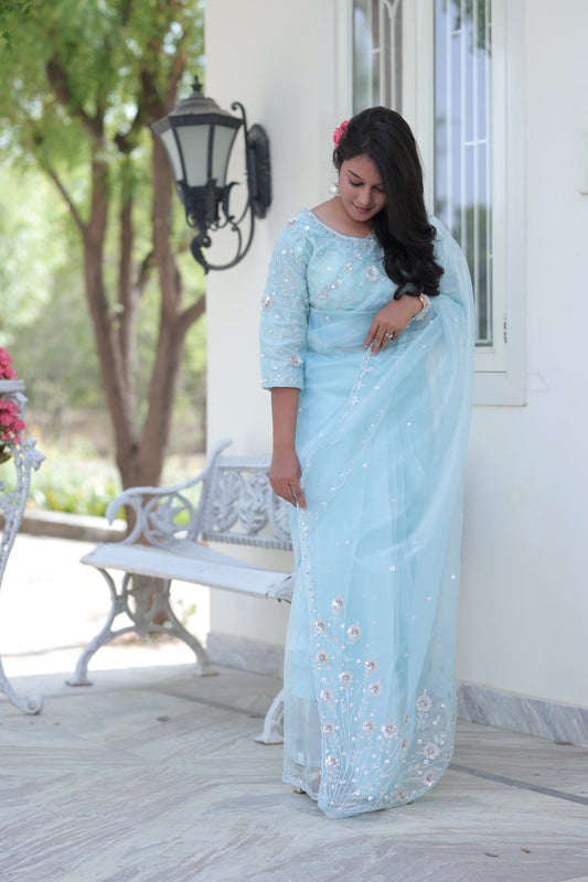 Frosted Bloom Organza Saree in Powder Blue with Sequin Floral Accents
