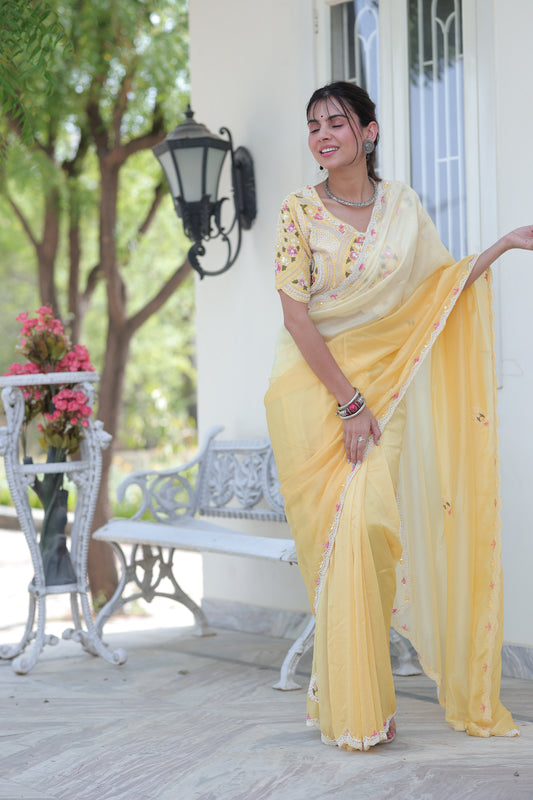 Haldi Bloom Chiffon Saree with Gota Appliqué & Pearl Detailing