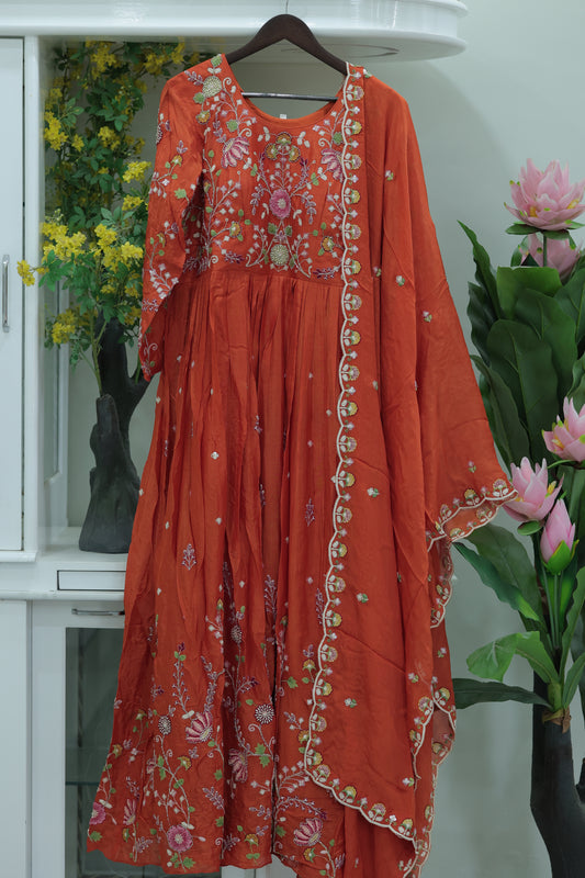 Burnt Orange Gota & Thread Embroidered Anarkali Set with Dupatta