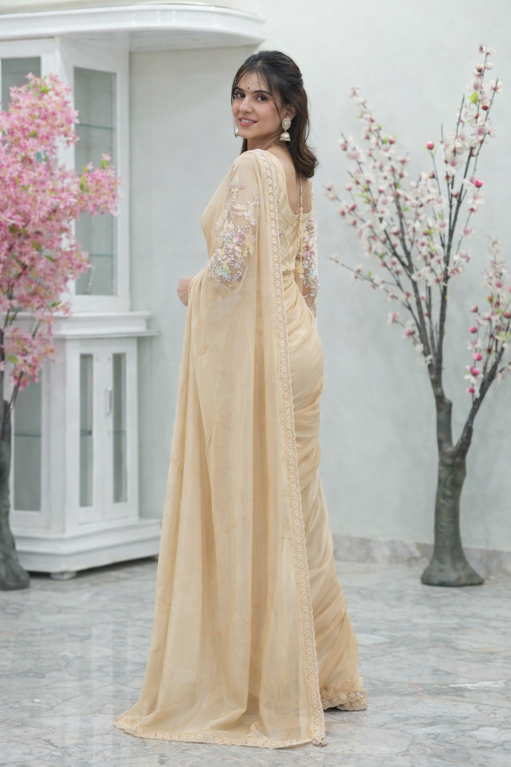 Midnight Bloom Taffeta Silk Saree with 3D Floral Net Blouse