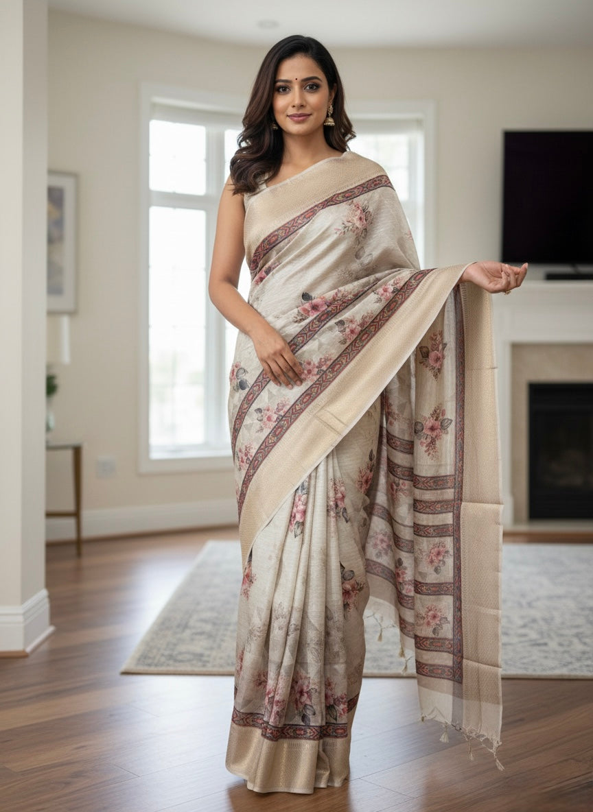 Ivory Floral Printed Silk Blend Saree