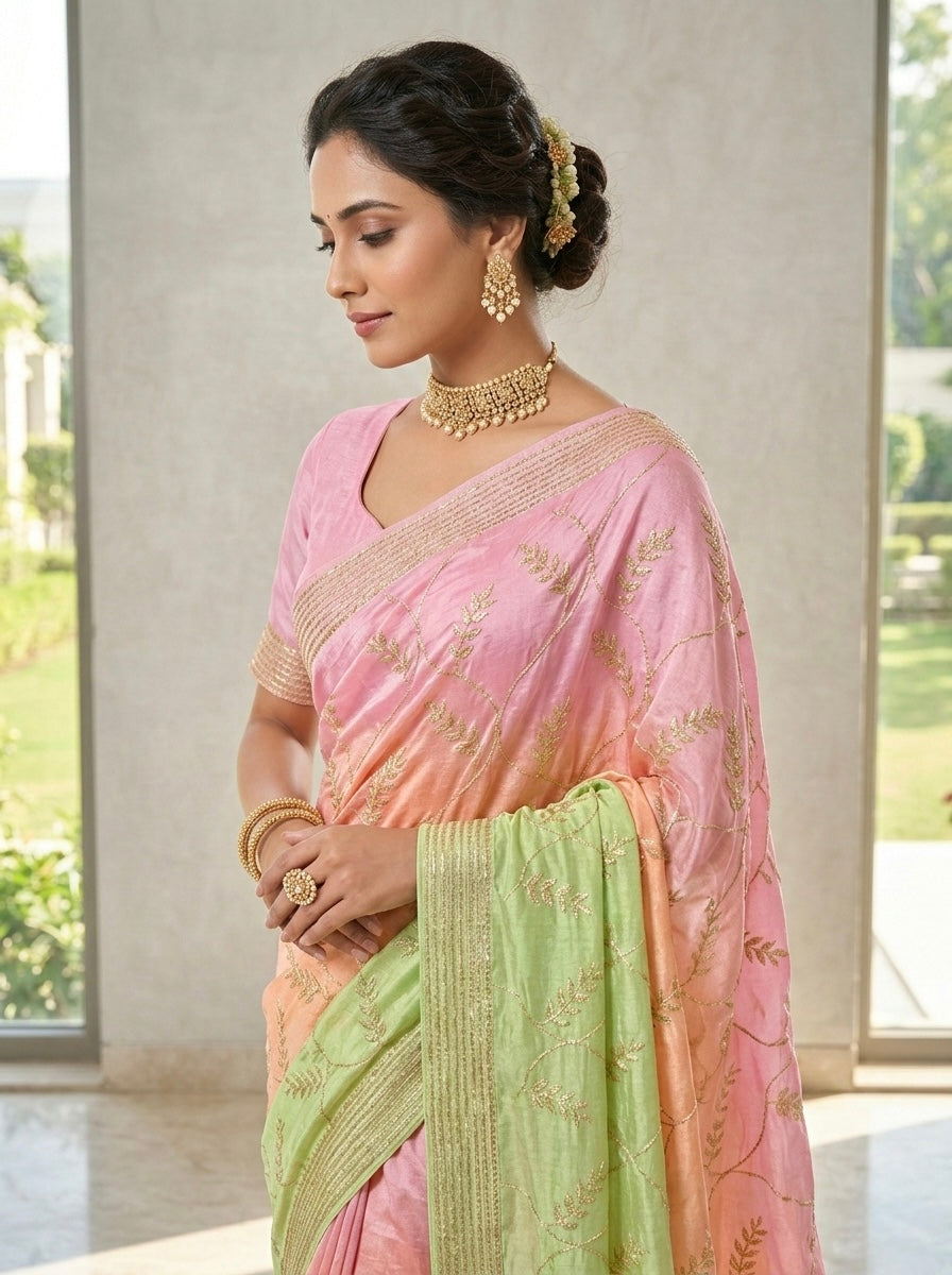 Elegant Botanical Linen Silk Saree with Subtle Zari Border