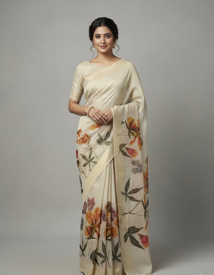 Ivory Floral Printed Saree with Subtle Gold Finish