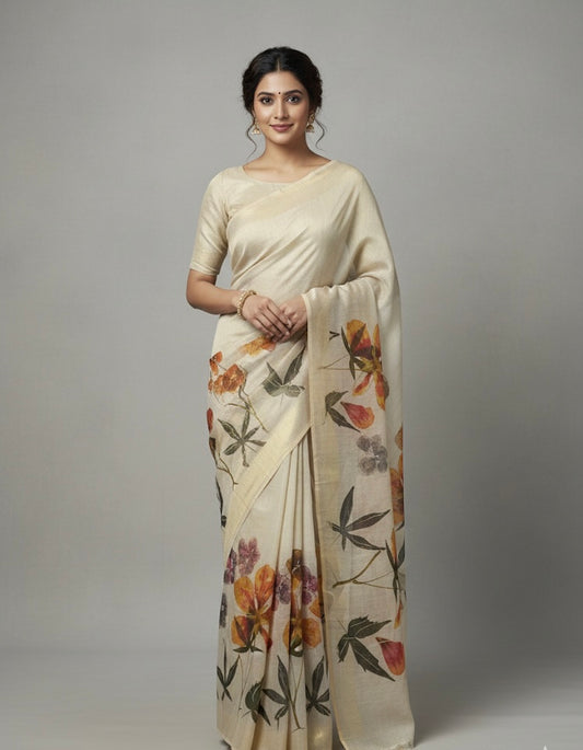 Ivory Floral Printed Saree with Subtle Gold Finish
