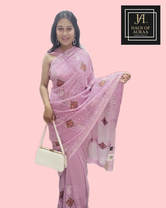 Pastel Mauve Chikankari & Patchwork Georgette Saree