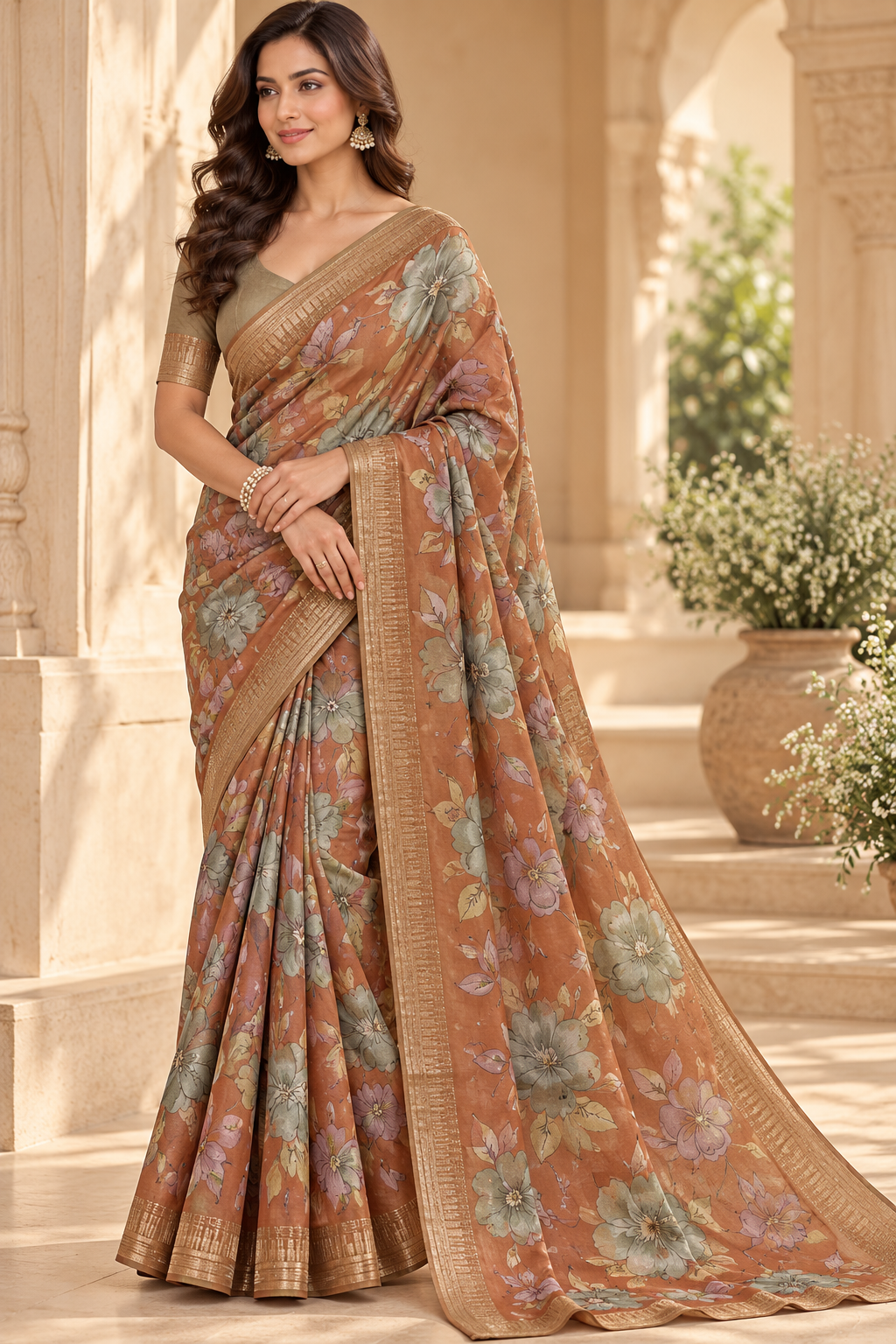 Mocha Blossom – Floral Grace Saree