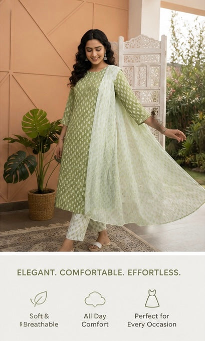Pastel Green Ikat Printed Kurta Set with Dupatta