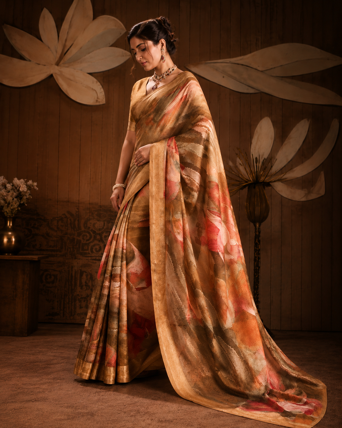 Autumn Muse Printed Satin Saree