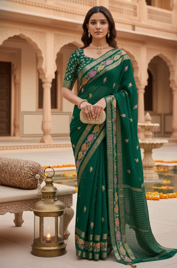 Sky Blue Embroidered Silk Saree with Floral Zari Border