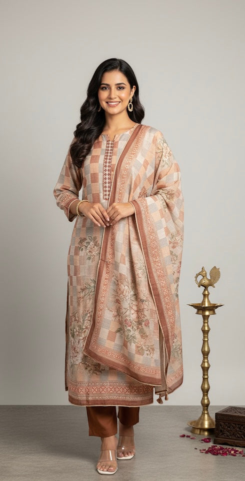 Muted Checkered Kurta Set with Floral Print and Rust Pants