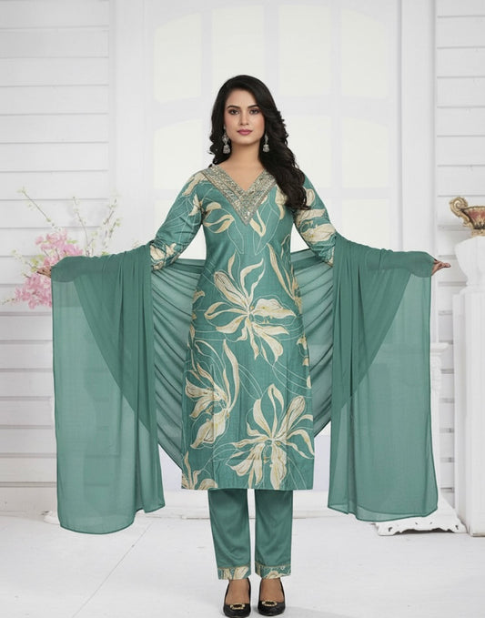 Teal Green Floral Printed Suit Set with Embellished Neckline