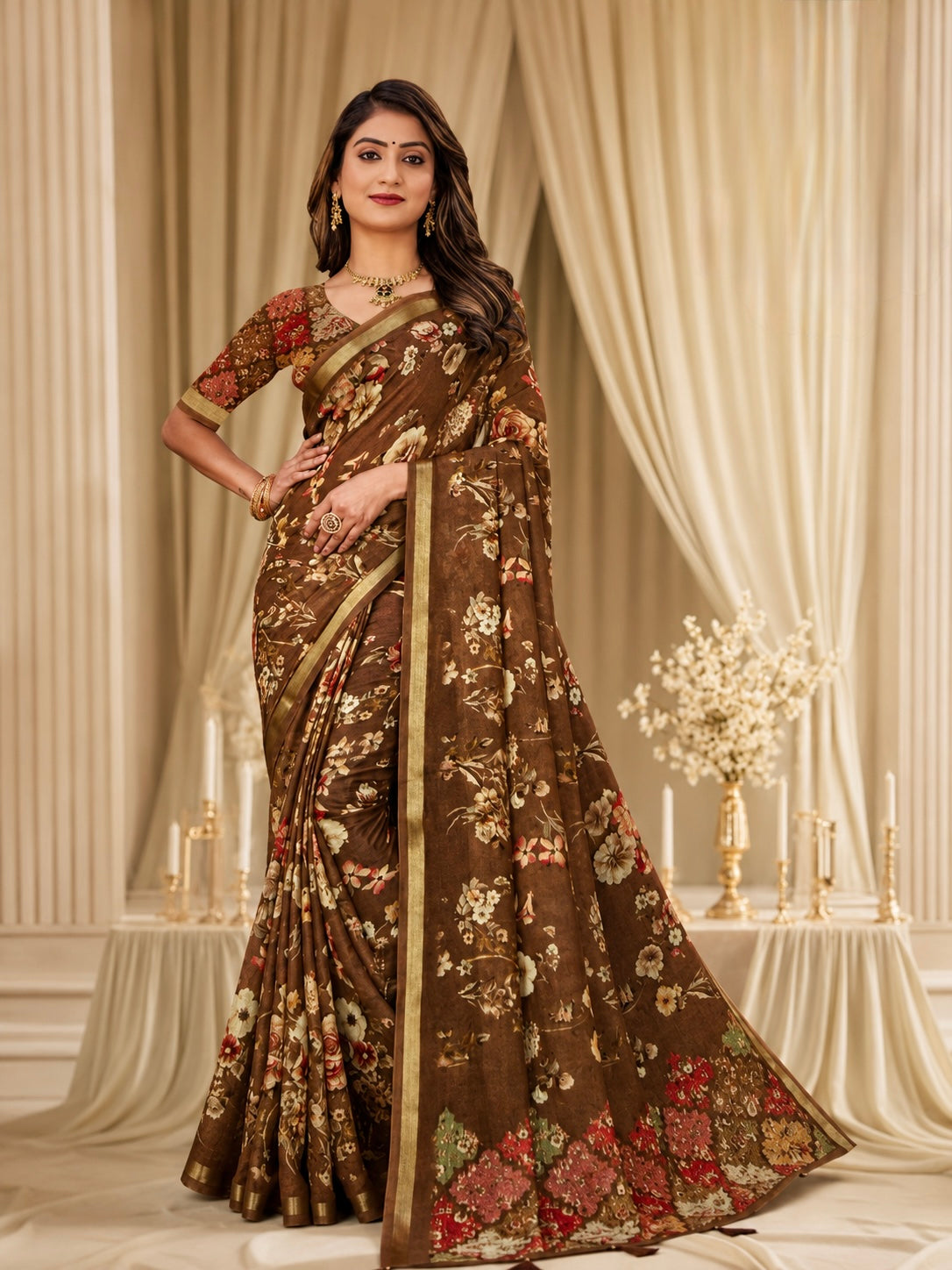 Vintage Mocha/ Olive Floral Saree