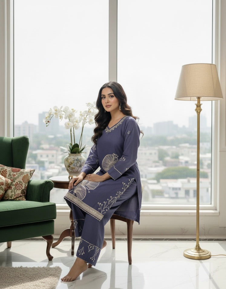 Dusty Navy Blue Embellished Kurta Set with Dupatta