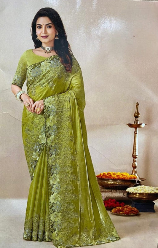Olive Green Floral Embroidered Saree with Scalloped Border