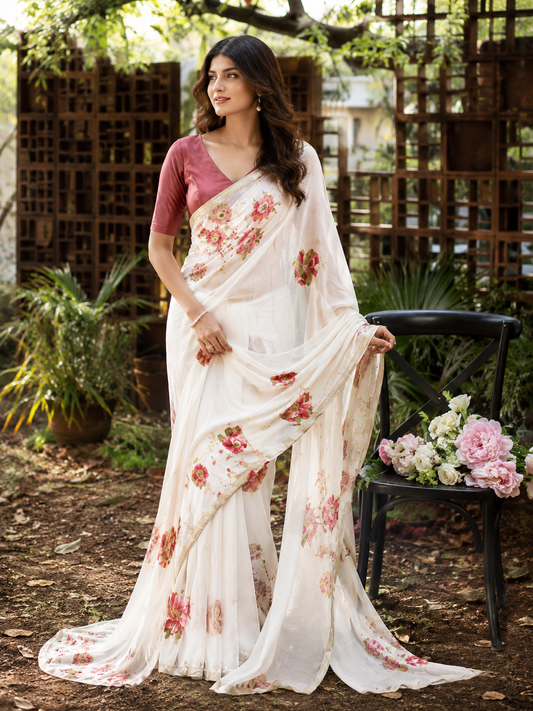Floral Printed Organza Saree