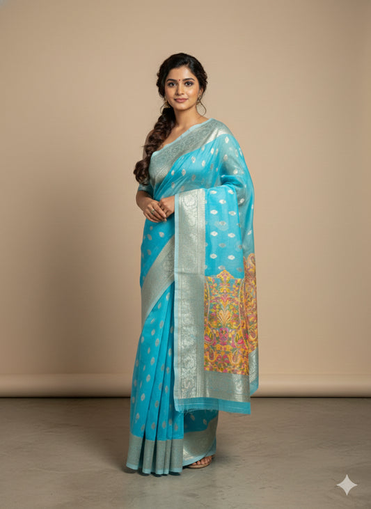 Soft Weaving Silk Saree with Zari Border & Floral Pallu