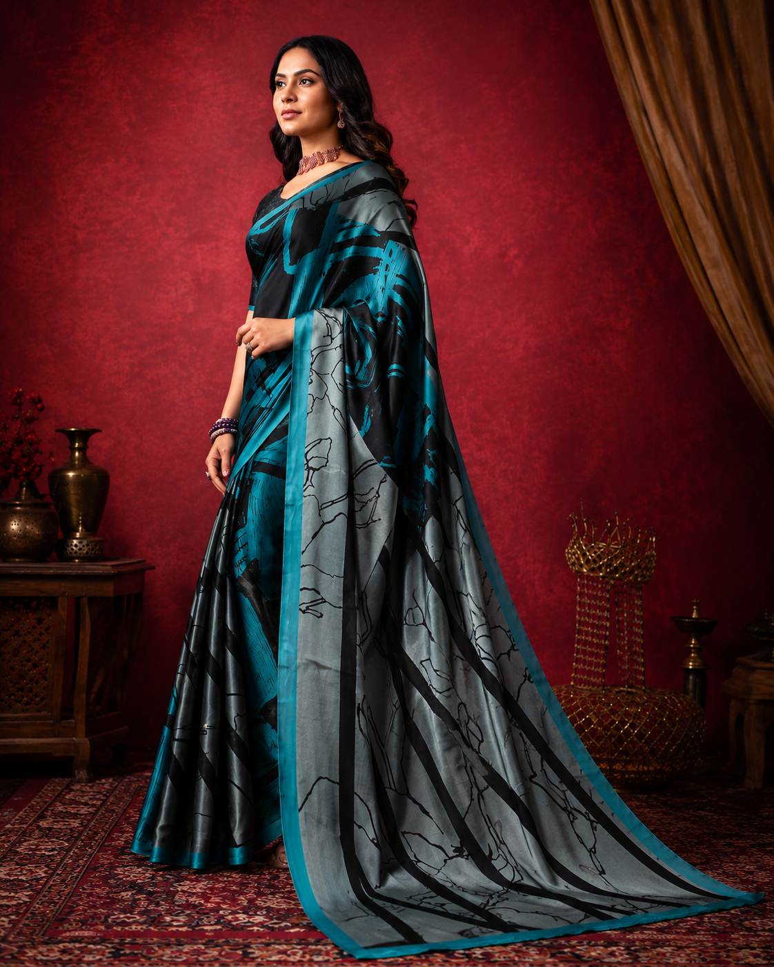 Midnight Mirage Satin Saree