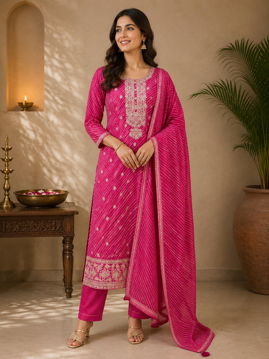 Rani Pink Embroidered Leheriya Set