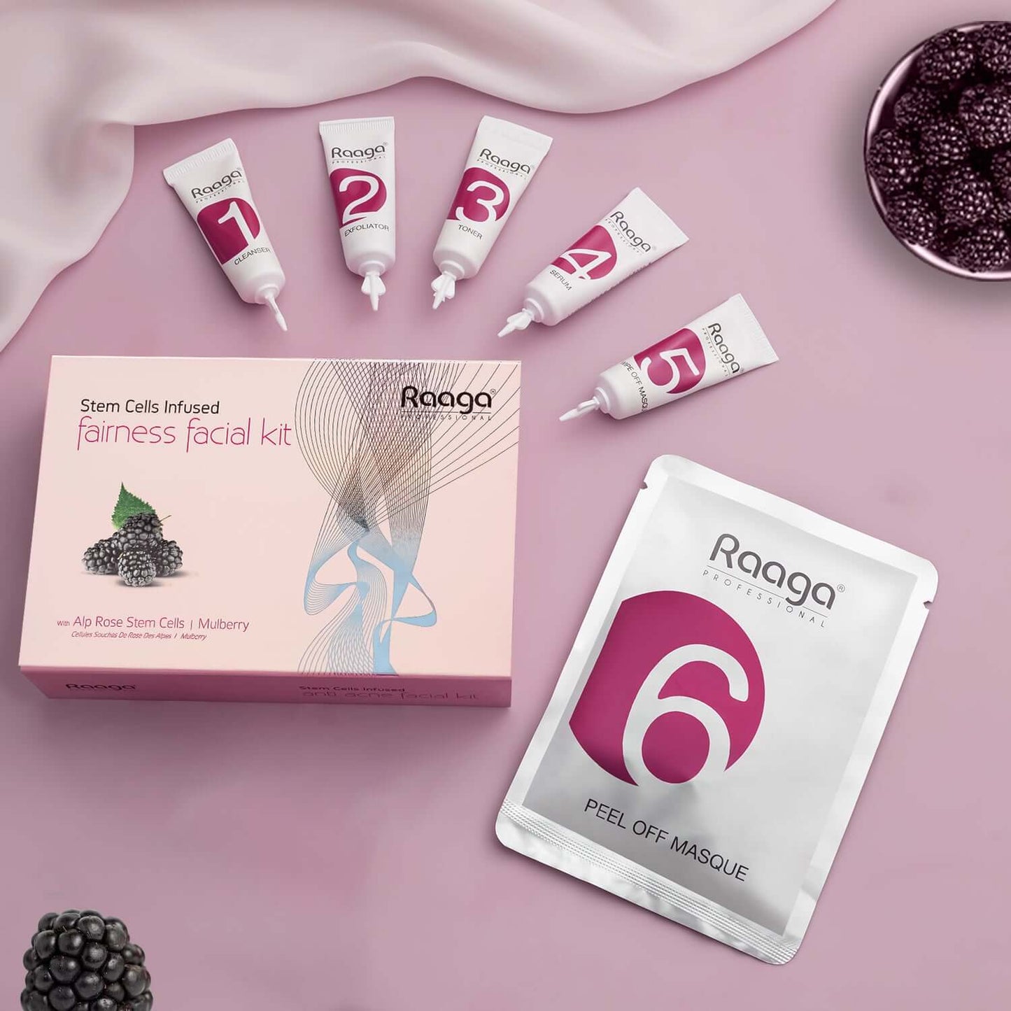 Raaga Stem Cells Infused Fairness 6 Step Facial Kit | Brightening Power of Mulberry and Alp Rose Stem Cells | Reduces Dark Spots | All Skin Types (61 gm)