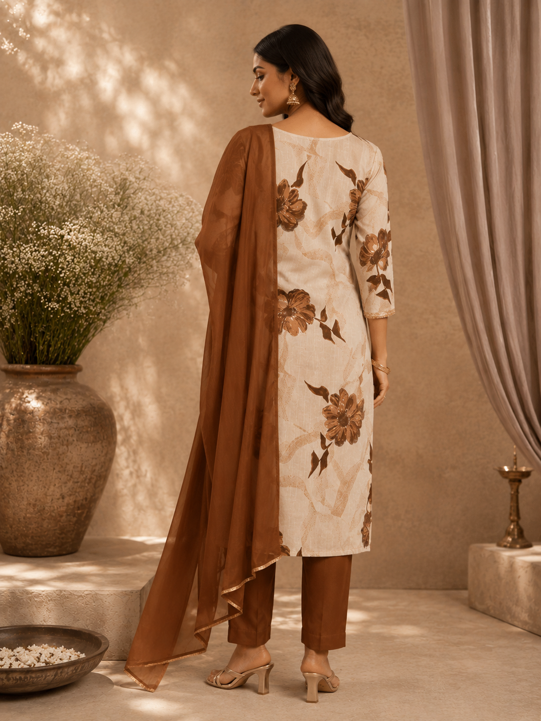 Mocha Bloom Printed Kurta Set