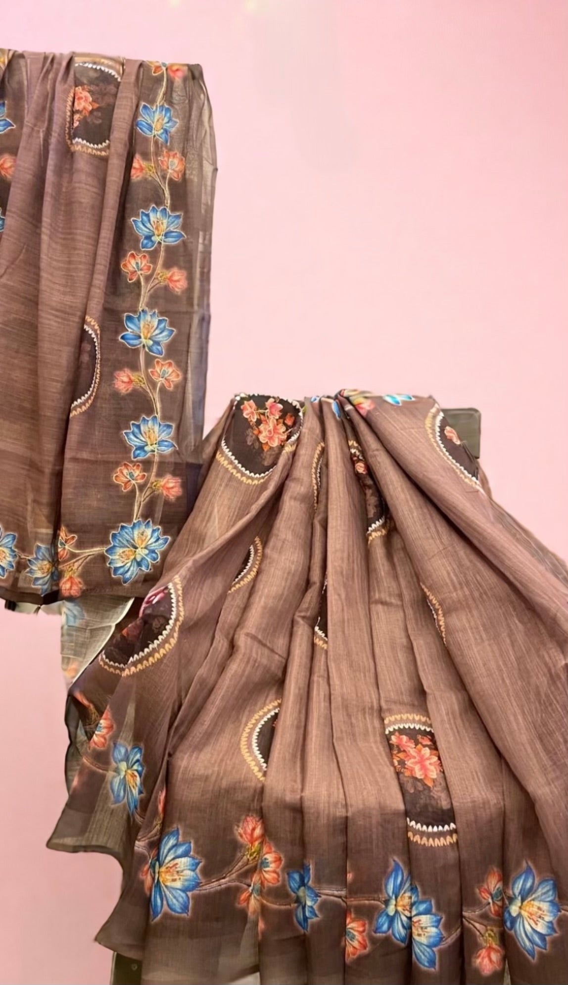 Coffee Brown Saree with Floral Digital Print