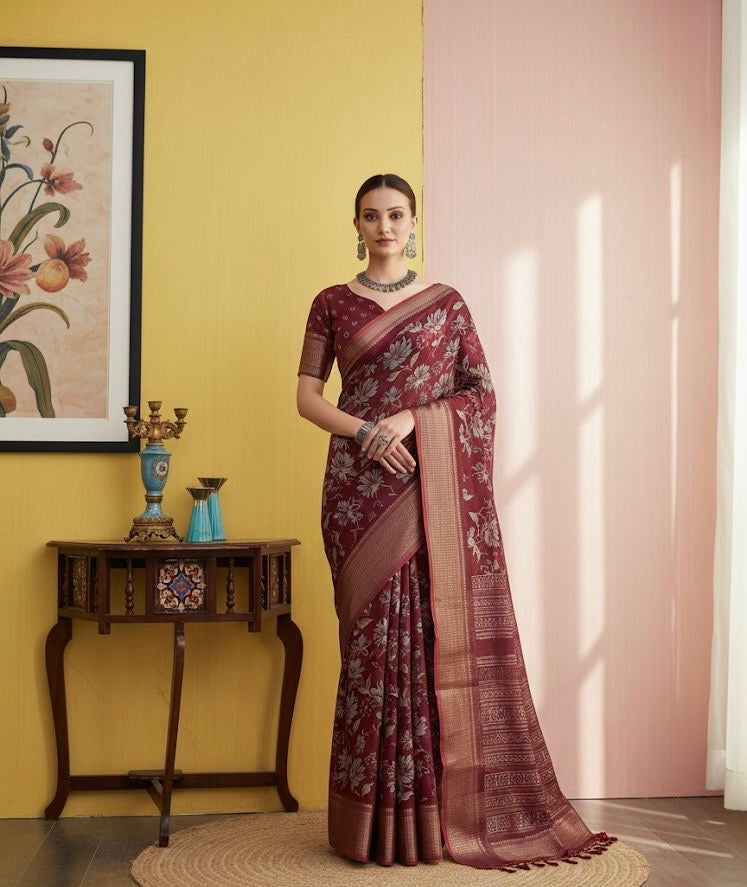 Woven Banarasi Silk Saree with Gold Zari Floral Motifs