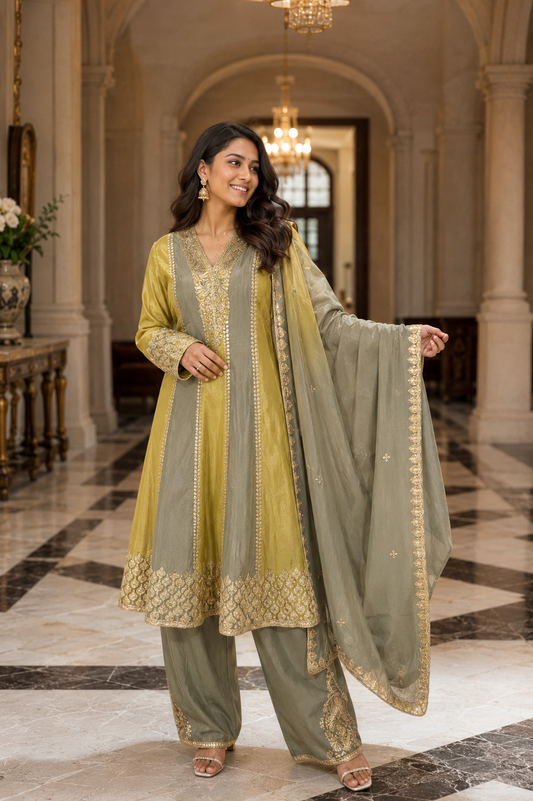 Olive Green & Mustard Anarkali Suit Set with Zari Embroidery and Silk Finish