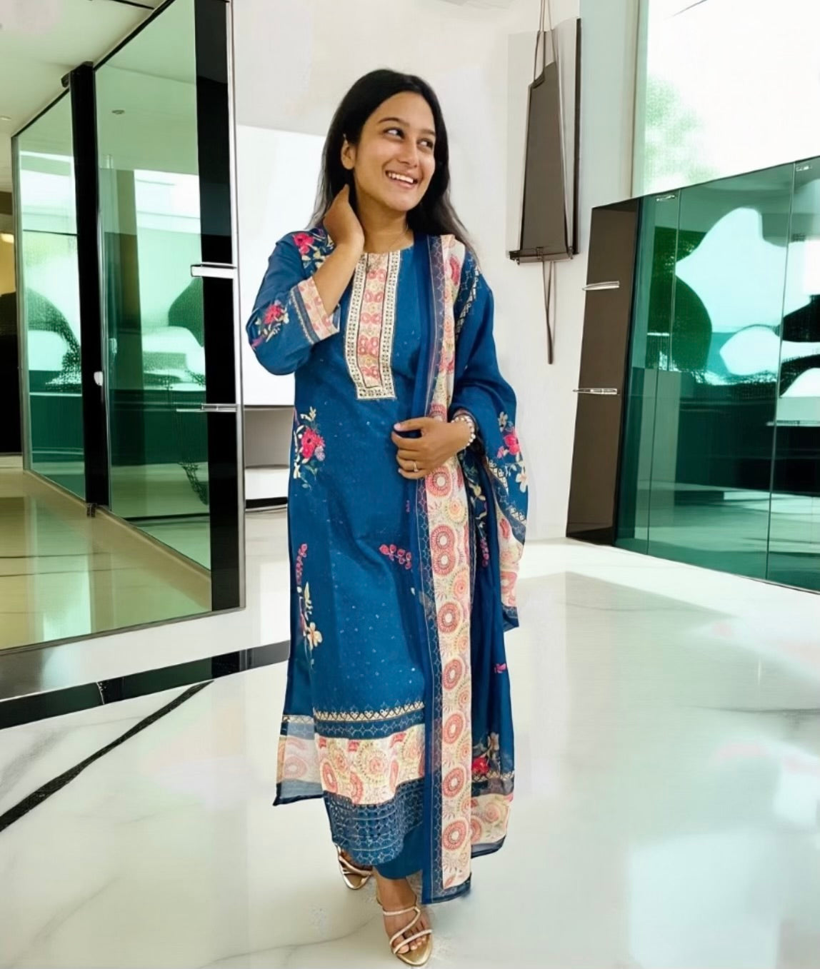 Navy Blue Floral Printed Kurta Set with Dupatta