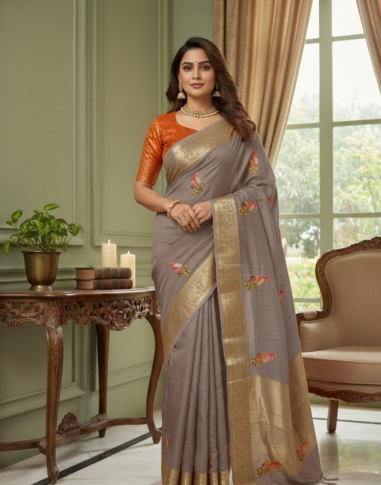 Silk Saree with Gold Zari Border & Peacock Motifs