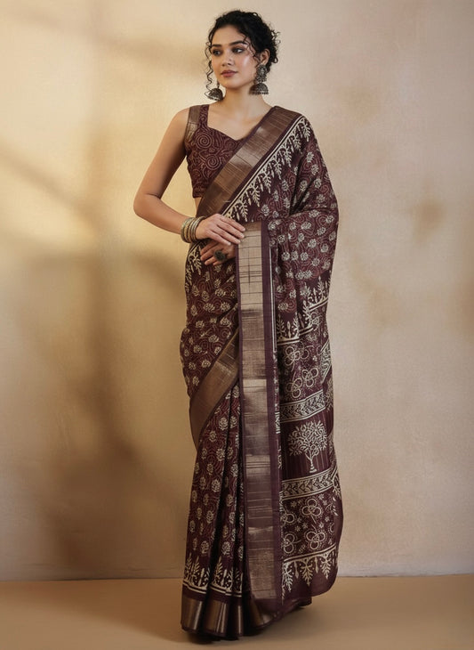 Chocolate Brown Printed Silk Saree with Traditional Motifs