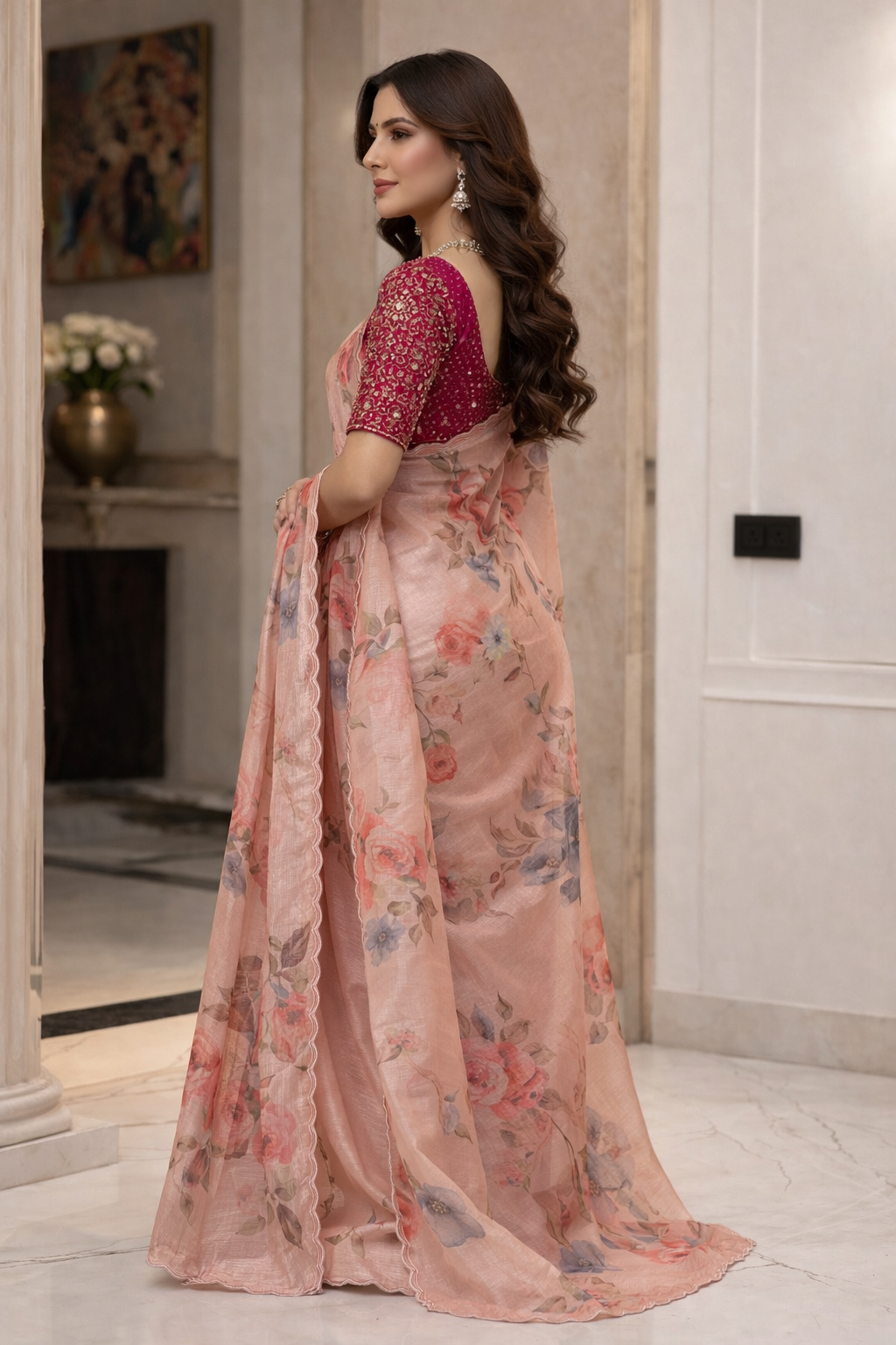 Soft Floral Organza Saree with Scalloped Border