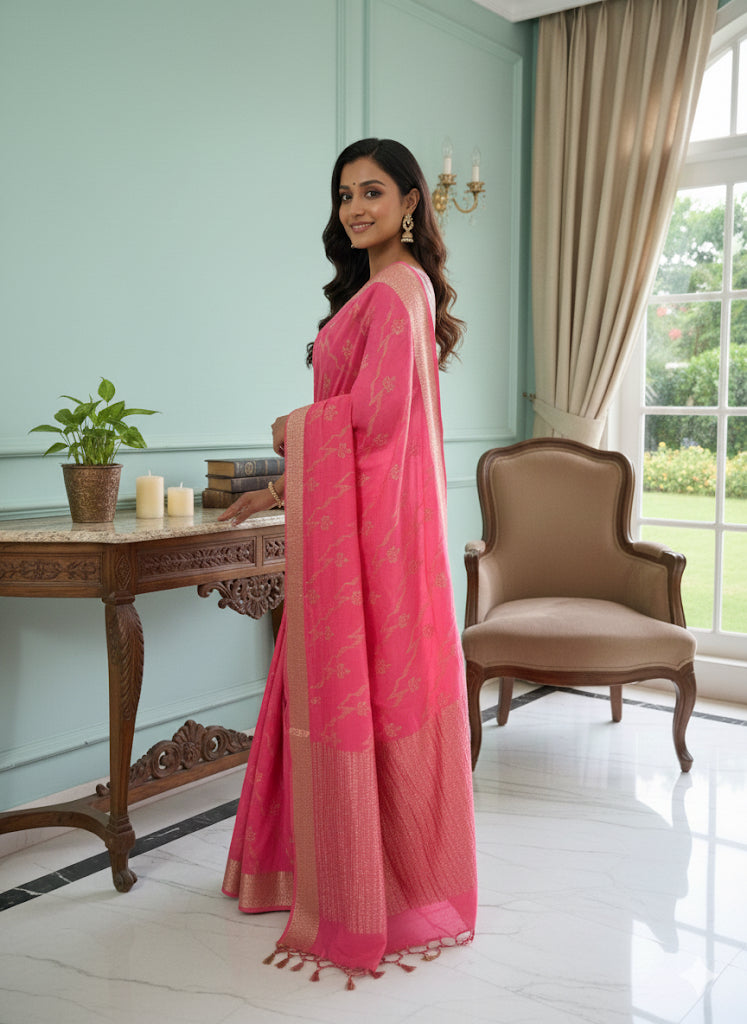 Rani Pink Woven Silk Saree with Golden Zari Border