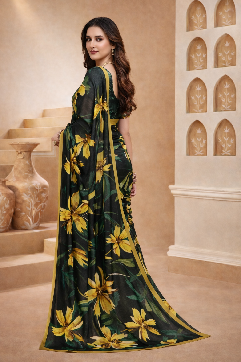 Green & Mustard Yellow Floral Printed Saree in Soft Georgette Finish