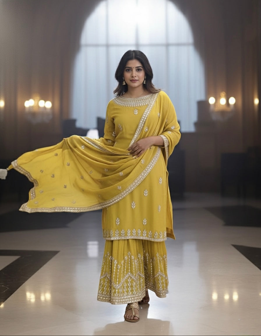 Sunshine Yellow Georgette Sharara Set with Gota Patti & Zari Embroidery