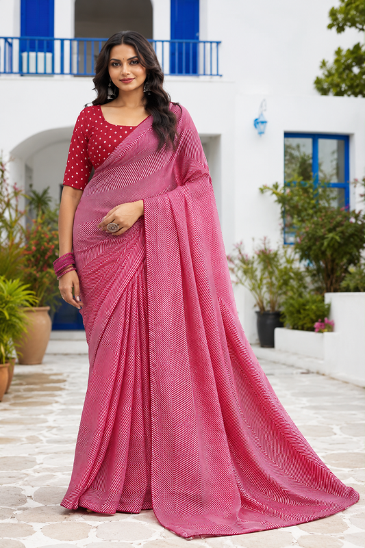 Rose Pink Chevron Leheriya Printed Saree