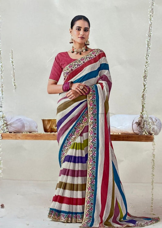 Ivory Multicolor Lehriya Cotton Linen Saree with Embroidered Border