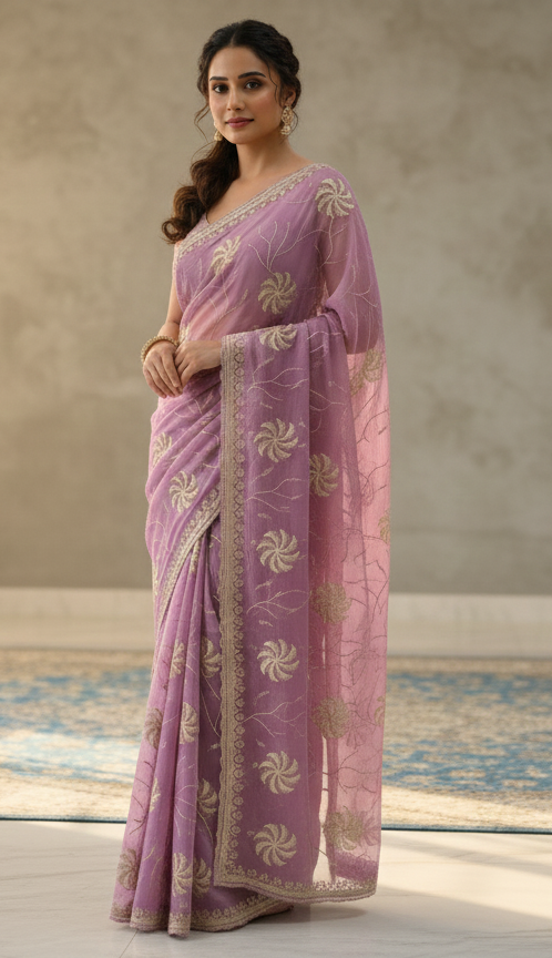 Lavender Grace Floral Printed Organza Silk Saree