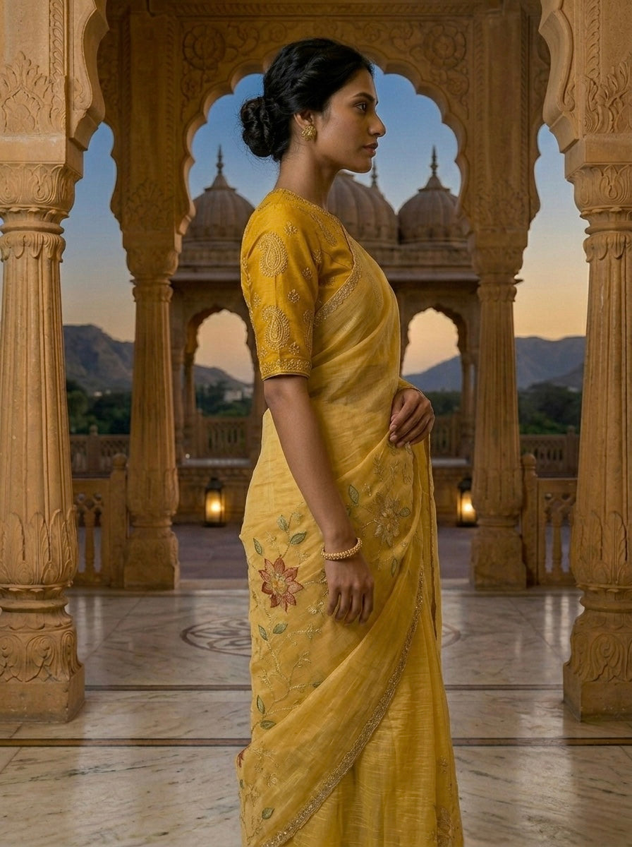 Rajrani Mustard Hand-Embroidered Silk Saree