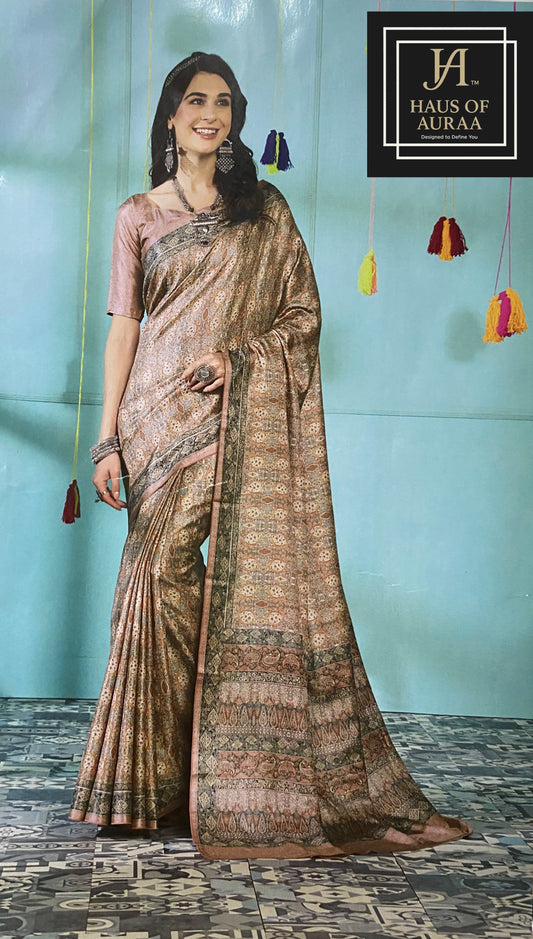 Elegant Rose Gold Banarasi Silk Saree with Antique Motifs