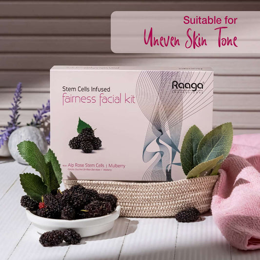 Raaga Stem Cells Infused Fairness 6 Step Facial Kit | Brightening Power of Mulberry and Alp Rose Stem Cells | Reduces Dark Spots | All Skin Types (61 gm)